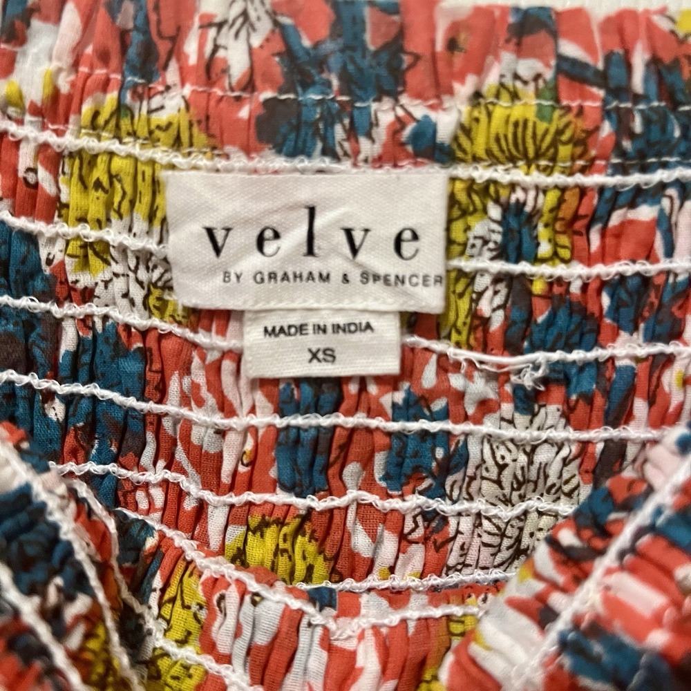 Velve by Graham & Spencer Peasant Dress XS India Floral Puff Sleeve Smocked Boho - Picture 2 of 6
